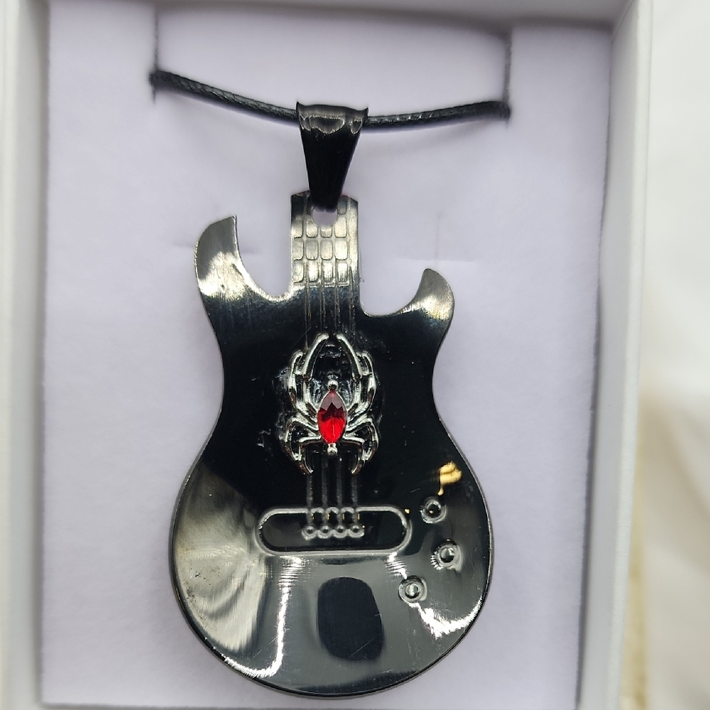 Electric Guitar Pendant Necklace - Black and Silver